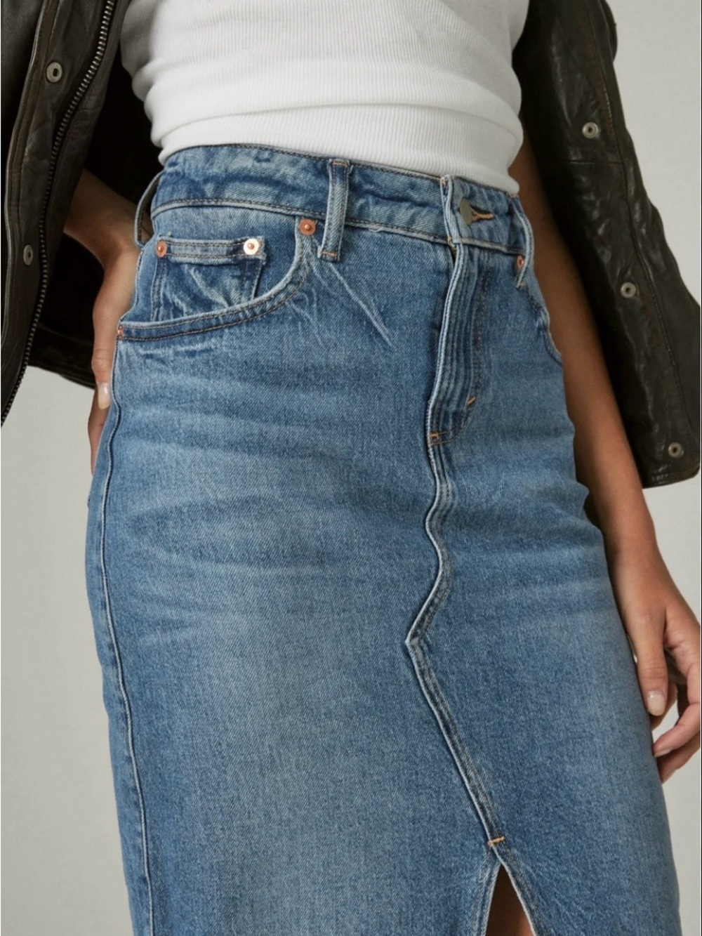 Lucky Brand Mid-Blue Denim Midi Skirt with Front Slit